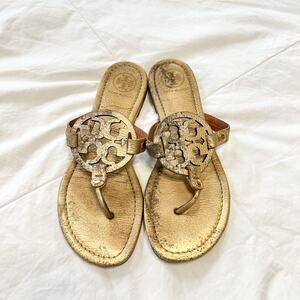 Tory Burch Miller Sandals Metallic Gold Leather Thong Logo Size 8